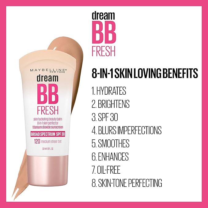 Maybelline Dream Fresh Skin Hydrating BB Cream, 8-in-1 Skin Perfecting Beauty Balm With Broad Spectrum Spf 30, Sheer Tint Coverage, Oil-Free, Deep, 1 Fl Oz