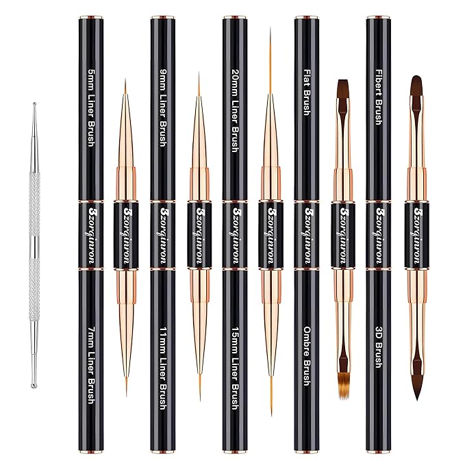 Nail Art Bushes Set, Professional 5Pcs Double-Ended Nail Brush Kit for Details, Long Lines, Ombre & 3D Design-Perfect for DIY Manicures & Salons (Black)