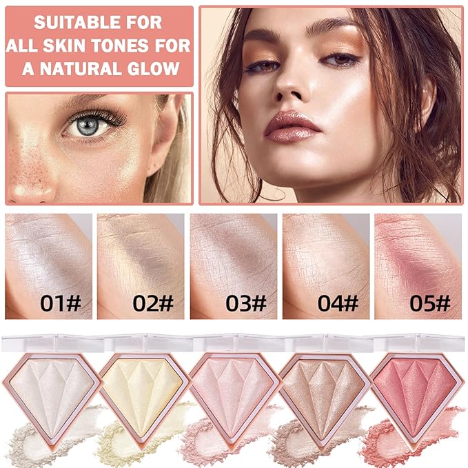 2PCS Fairy Pink Highlighter Makeup Palette Face Powder Highlighters Iluminadores De Maquillaje Shimmer Glitter Diamond Highlighter Blush Powder Makeup Palette