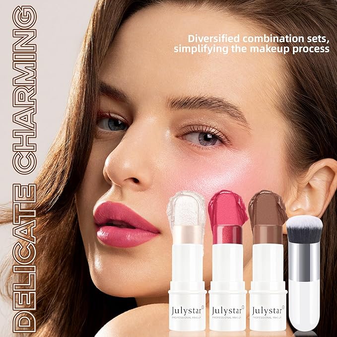 3Pcs Cream Contour Stick Makeup Set, Cream Bronzer Blush Highlighter Stick for Cheeks Eyes Lips, Long Lasting Waterproof Blendable Dewy Finish Face Stick Trio Wand for All Skin (1+3+6)