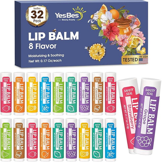 32 Pack Lip Balm, Natural Lip Balm Bulk with Vitamin E and Coconut Oil, Moisturizing Lip Balm for Dry Cracked Lips, Lip Balm for Stocking Stuffers - 8 Flavors
