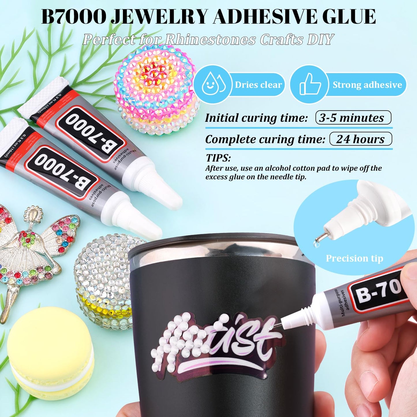 6000Pcs Resin Rhinestones for Bedazzling with 3Pcs B7000 Jewelry Glue, 1 Box White Flatback Rhinestones for Crafting Crafts DIY, Crystals Gems for Clothing Shoes Tumblers Nail Art Makeup