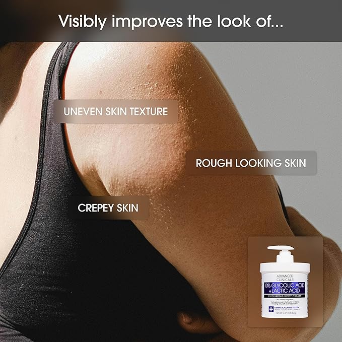 Advanced Clinicals 10% Glycolic Acid + Lactic Acid Body Lotion Moisturizer + AHA Glycolic Acid Face Serum 2pc Exfoliating Skincare Set To Reduce Look Of Uneven Rough Skin Texture, Fragrance Free, 2pc