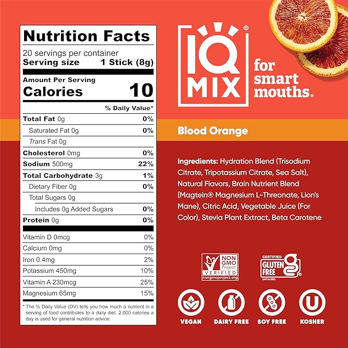 IQMIX Hydration Electrolyte Powder – 4-in-1 Formula for Hydration, Mental Clarity, Mood and Recovery – Sugar-Free Drink Mix, Keto, Magnesium L-Threonate, Lion’s Mane – 20 Count Blood Orange