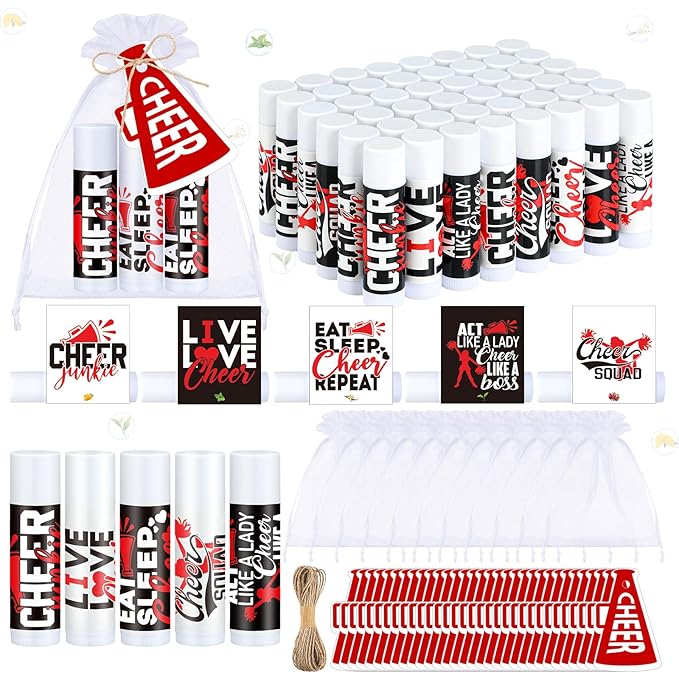 50 Sets Cheer Gifts Bulk 50 Cheer Lip Balm Bulk Moisturizing with 50 Organza Drawstring Gift Bags 50 Tags Cheerleader Gifts Cheer Gifts Bulk for Team (Red)