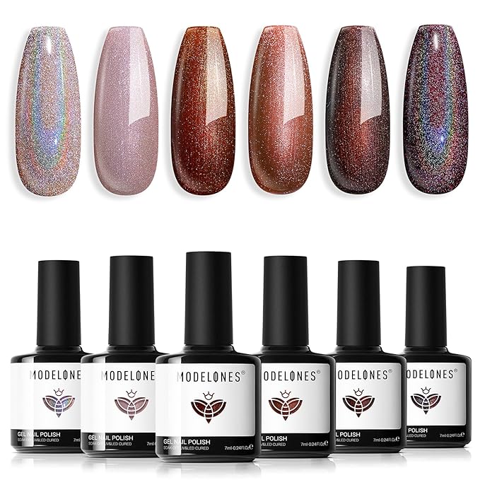 modelones Chameleon Gel Nail Polish Set, 6 Colors Fall Gel Polish Kit Nude Brown Glitter Shimmer Soak Off LED Nail Lamp Gel Nail Kit Home Gift DIY Salon For Women Girl