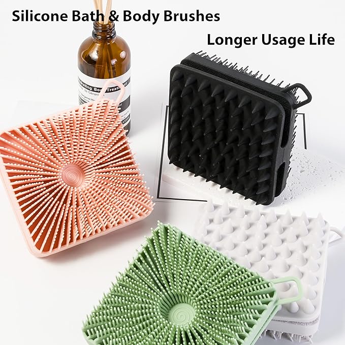 2 PC Silicone Exfoliating Body Scrubber, Silicone Body Shampoo Brush, Soft Silicone Loofah for Sensitive Skin, Shower Silicone Hair Scalp Massager, Easy to Clean, Lather Well(Gray&Pink)