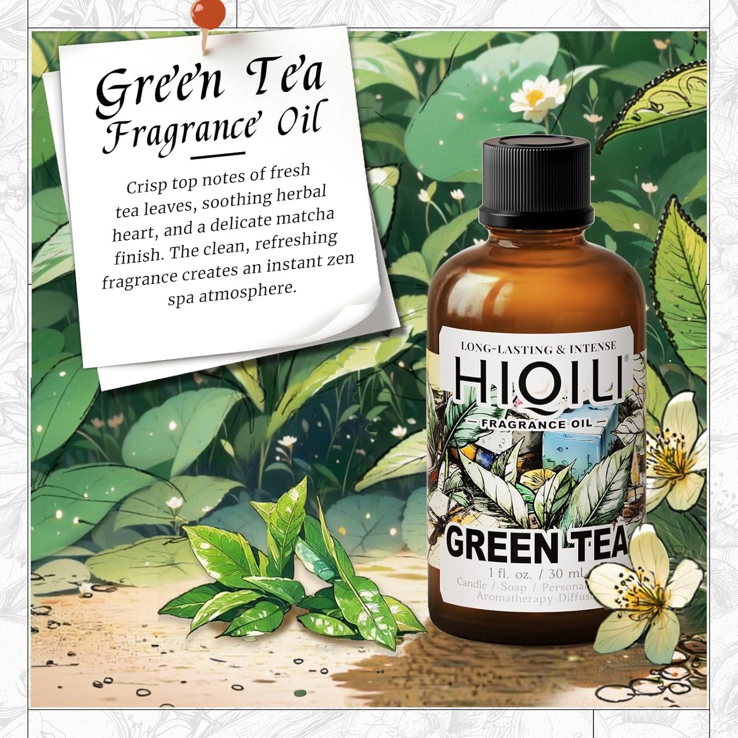 HIQILI Green Tea Fragrance Oil for Candle & Soap Making, Refreshing Scents, for Home Diffusers, Laundry Dryer Balls - 1 Fl Oz