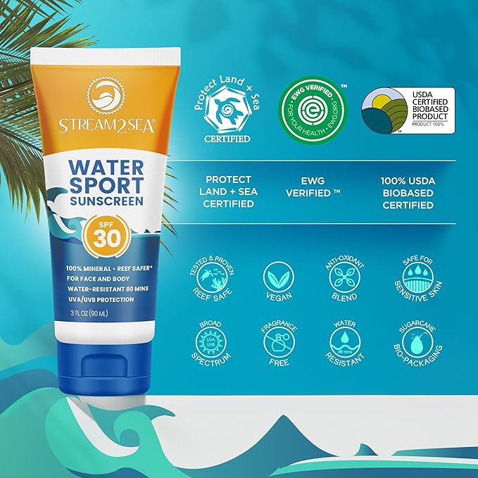 STREAM 2 SEA SPF 30 Biodegradable Mineral Sunscreen, 3 Fl oz Non-Greasy and Moisturizing Reef Safe Sunscreen For Face Protection and Body Against UVA and UVB
