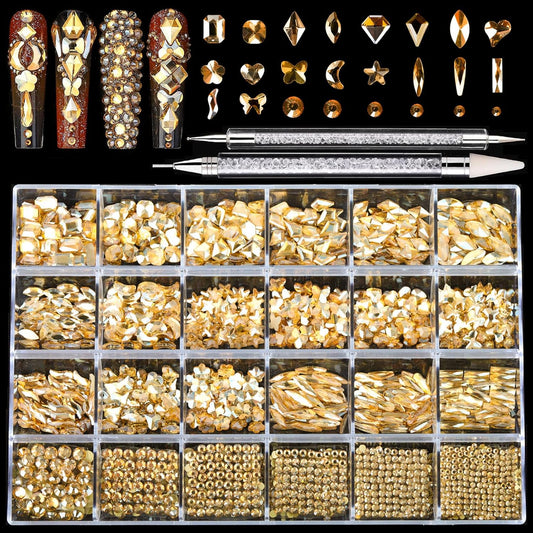 Nail Rhinestones Kit, 18 Types of 900 Special-Shaped Nail Diamonds + 3200 Flat-Bottomed Rhinestones, Champagne Crystals DIY Crafts Gold Gemstones for Nail Art Design