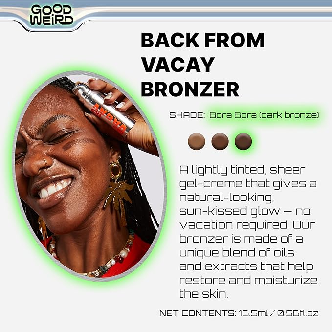 GOOD WEIRD Back From Vacay Bronzer - Vegan Liquid Face Bronzer Gel Cream for Men and Women | Natural Glow Lightweight Highlighter Makeup | Subtle Shimmer | 0.56 fl. oz. | BORA BORA (Dark Bronze)