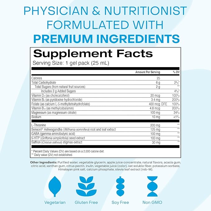 Healthycell Calm Mood Daily Liquid Supplement - Cortisol Manager & Mood Support Supplement for Stress with Ashwagandha, L-Theanine, Magnesium, 5-HTP, GABA & Saffron - 14 Gel Packs