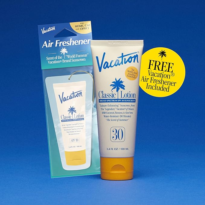 Vacation Classic Sunscreen Lotion SPF 30 & Air Freshener Bundle, Water-Resistant, Lightweight, Transparent on All Skin Tones, Dermatologist-Tested, Vegan, Travel Size, 3.4 Fl. Oz.