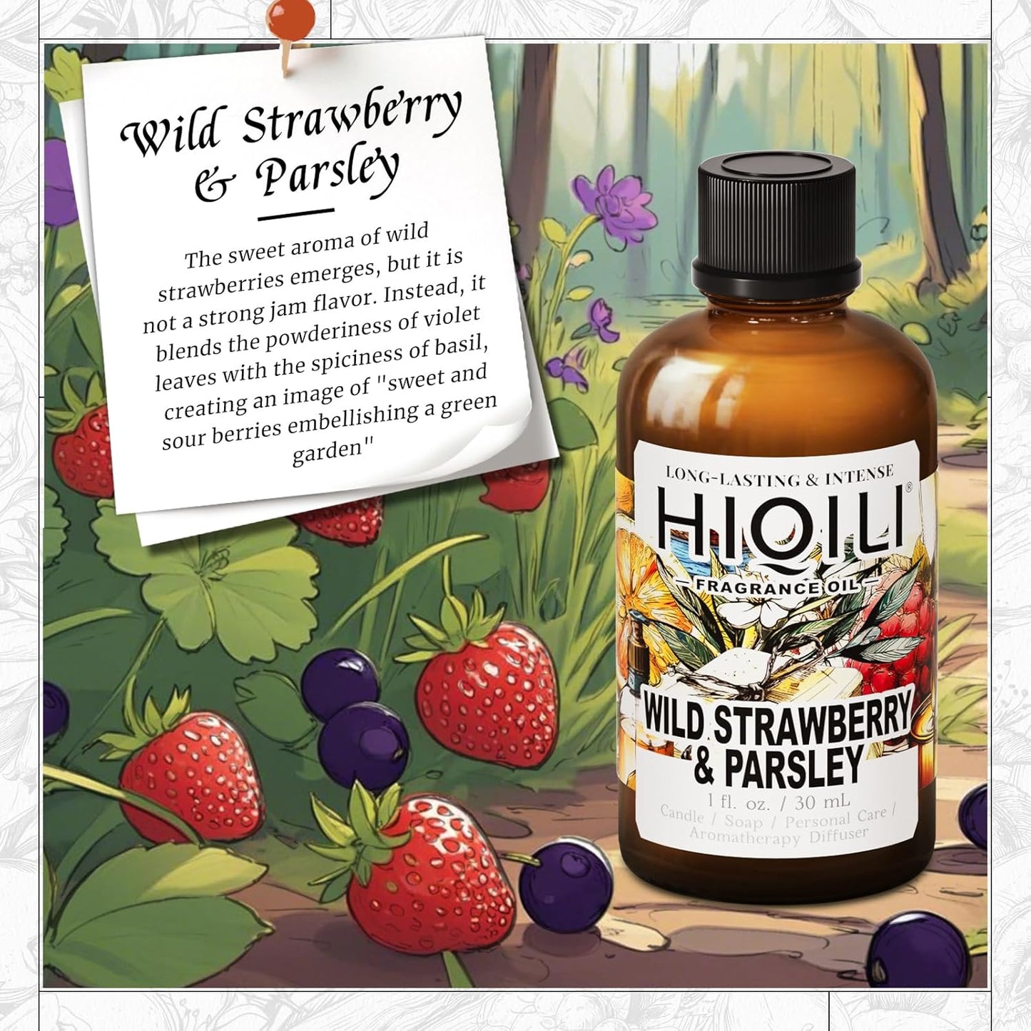 HIQILI Wild Strawberry & Parsley Fragrance Oil for Candle Making, Inspired by J-M.Lone Wild-Straw & Psley, Fresh Soap Scents, DIY Body Spray & Perfume for Women - 1 Fl Oz