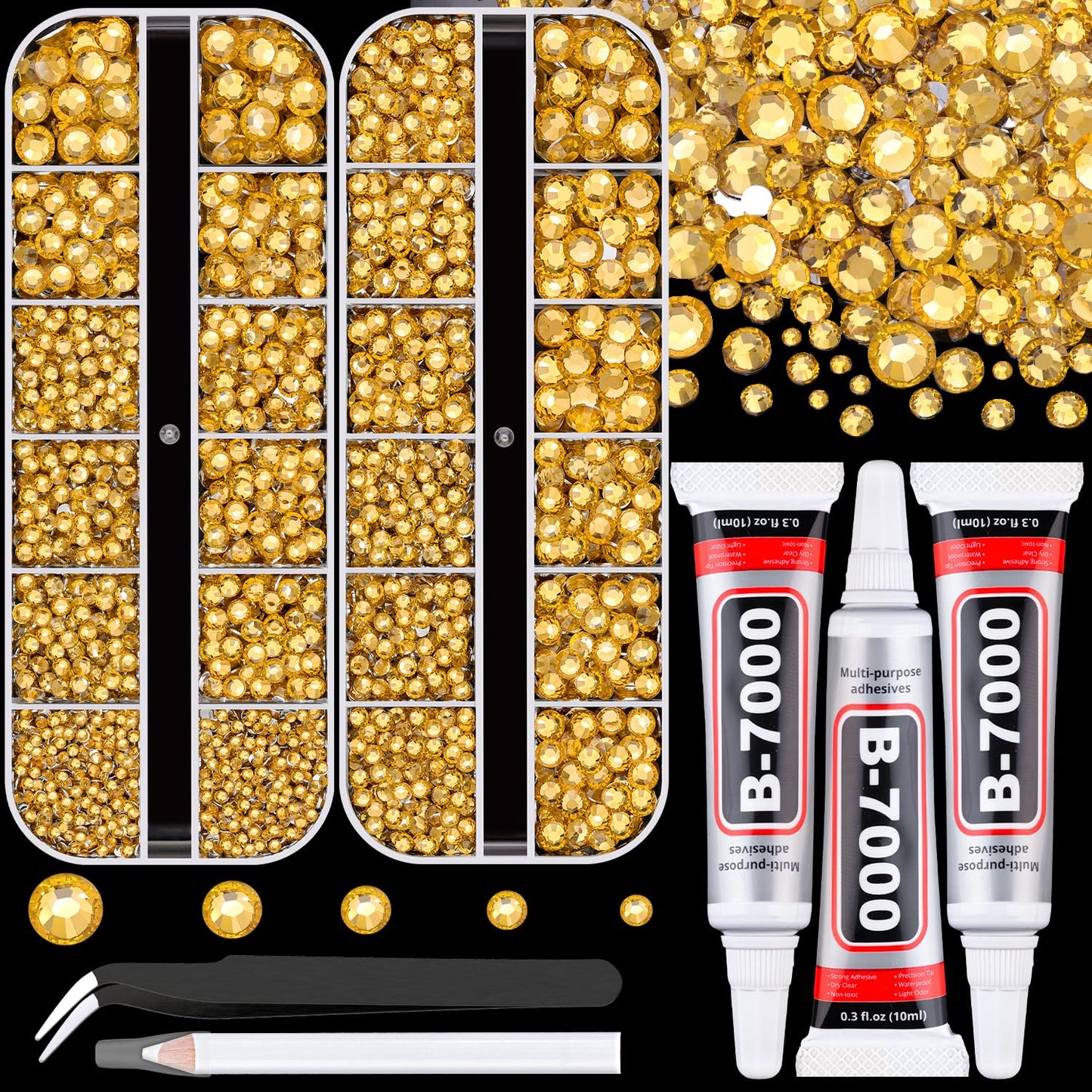 Resin Rhinestones for Crafting with B7000 Jewelry Glue, 2 Boxes Golden Yellow Flatback Crystals with 3Pcs 10ml Glue for Bedazzling Crafts DIY Nail Art Makeup, Gems for Clothing Shoes