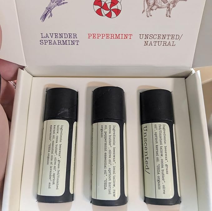 Handmade Tallow Lip Balm Collection: Unscented/Peppermint/Lavender-Spearmint (3x .33 oz)