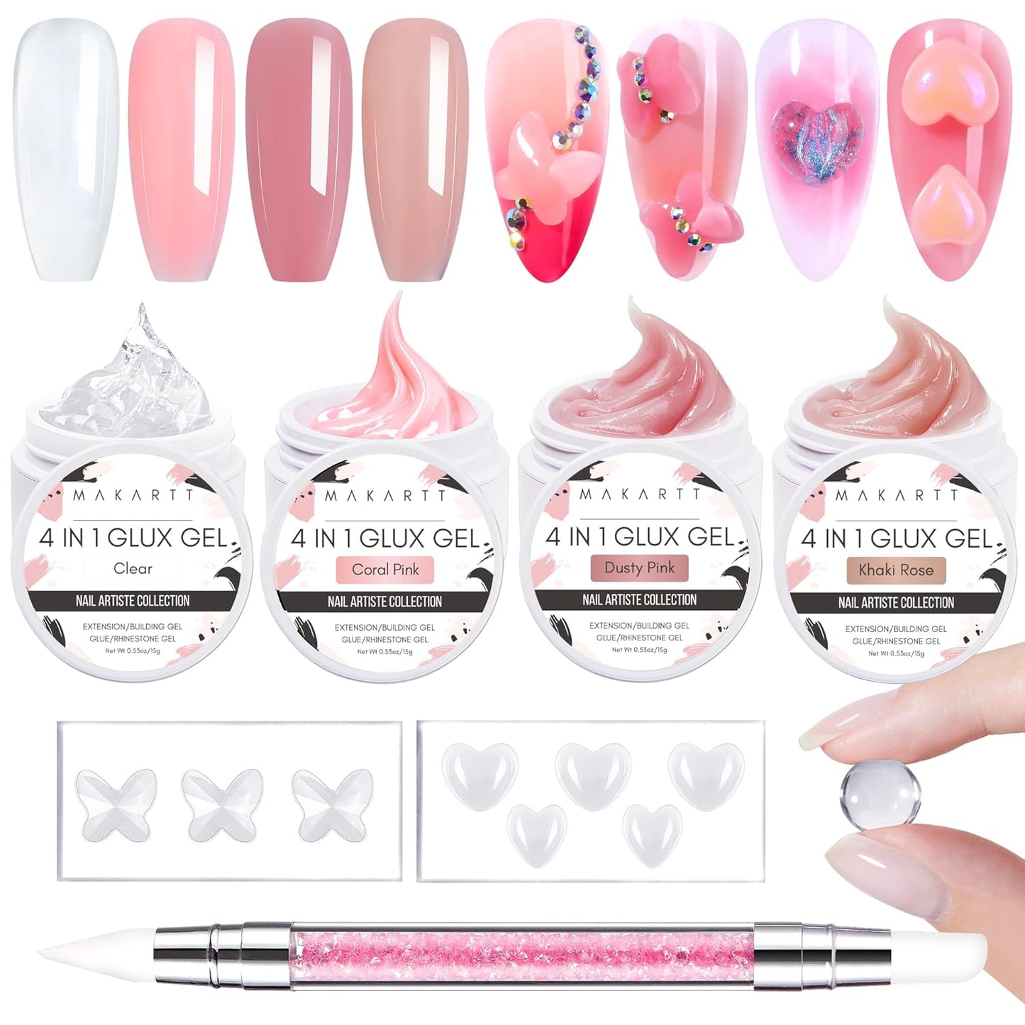 Makartt 3D Nail Gel Art: 3D Sculpting Gel Carving DIY Manicure,Solid Gels Builder for Nails Starter Kit, Clear Nude Pink 4 Colors for Extension, Molding Hard Gels with Silicone Molds Sculpture Brush