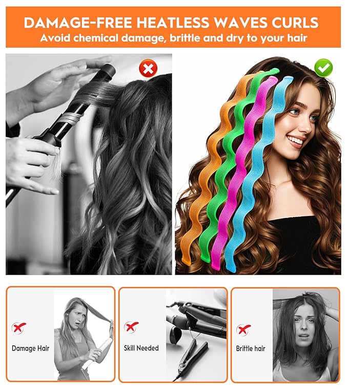 42 Pieces Heatless Waves Hair Curler, No Heat Damage Wavy Hair Curlers with 2 Sets of Styling Hooks, Heatless Curls for Women Girls Long Medium Short Hair(4 Colors,55cm/ 21.65")
