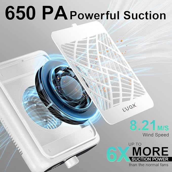 L'UGX Rechargeable Nail Dust Collector with 2 Reusable Filter, Professional Nail Vacuum Dust Collector Nail Tech Fan Extractor Powerful Suction Machine, Perfect for Home Salon Use