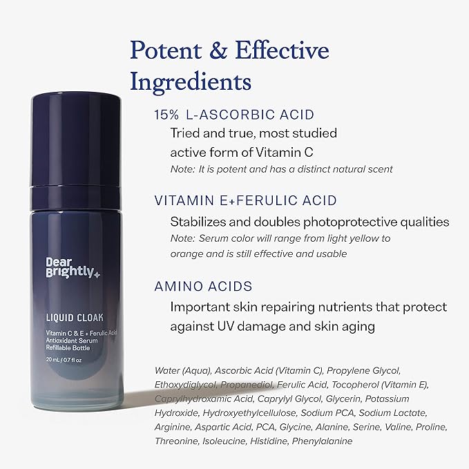 Vitamin C Serum with Ferulic Acid and Vitamin E for Glowing Radiant Skin by Dear Brightly, Liquid Cloak Facial Serum for Sensitive Skin, Refillable Glass Bottle, 0.7 fl oz