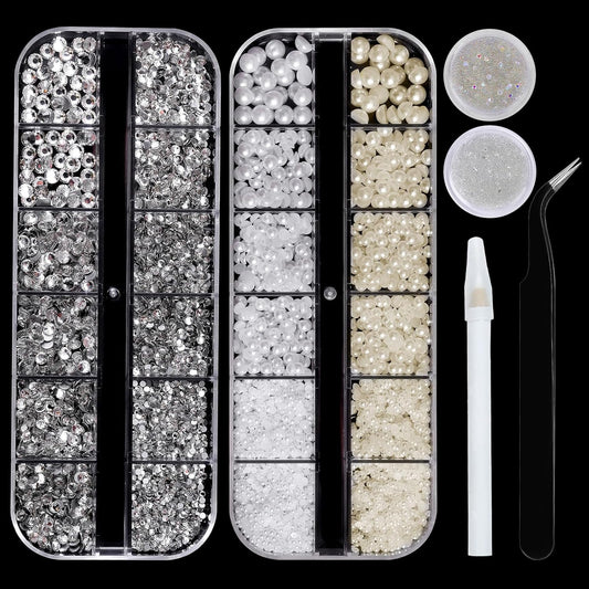 Flatback Rhinestones Half Pearls for Crafting, 1.6-4mm White Glass Rhinestones and 1.5-6mm Small Pearls for Bedazzling, Clothes and Nails Art