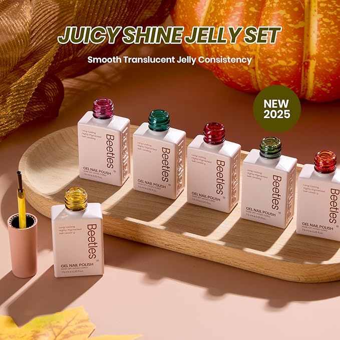 Beetles Jelly Gel Nail Polish Set - 6 Colors Yellow Orange Burgundy Red Purple Green Fall Gel Polish Kit Sheer Translucent Effect Soak off UV Nail Art Autumn Prism Series Manicure Gift for Women