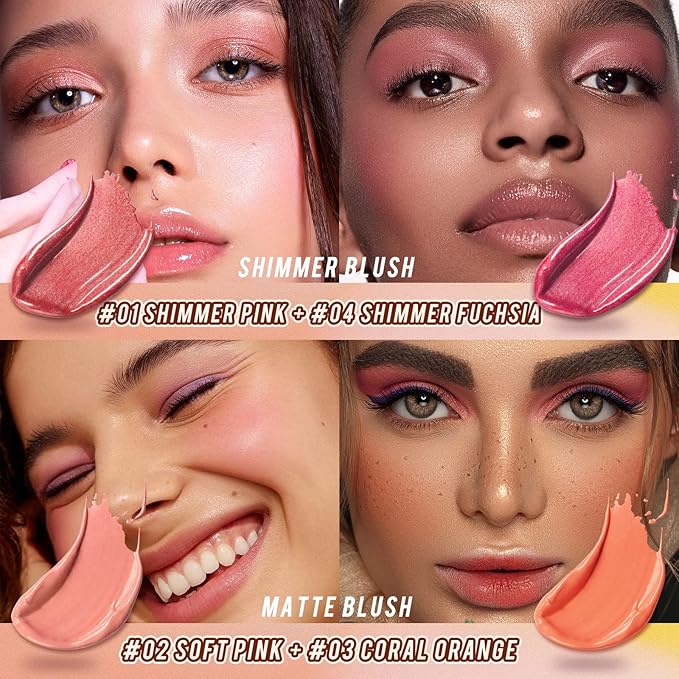 2 Pcs Cream Blush Stick Makeup Kit, Natural Shimmer & Matte Stick Blush Wand for Cheeks, Lightweight Blendable Silky Cream Blush Makeup -Shimmer Blush (#01 Shimmer Pink #04 Shimmer Fuchsia)