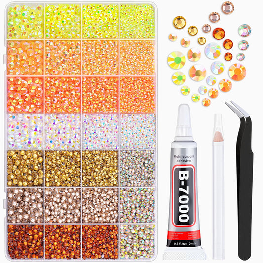 20000Pcs Yellow Rhinestones for Bedazzling with 1Pcs B7000 Jewelry Glue, Resin Rhinestones for Crafting Crafts DIY, Bedazzler Kit Gems for Clothing Shoes Tumblers Nail Art Assorted Size 3/4/5/6mm
