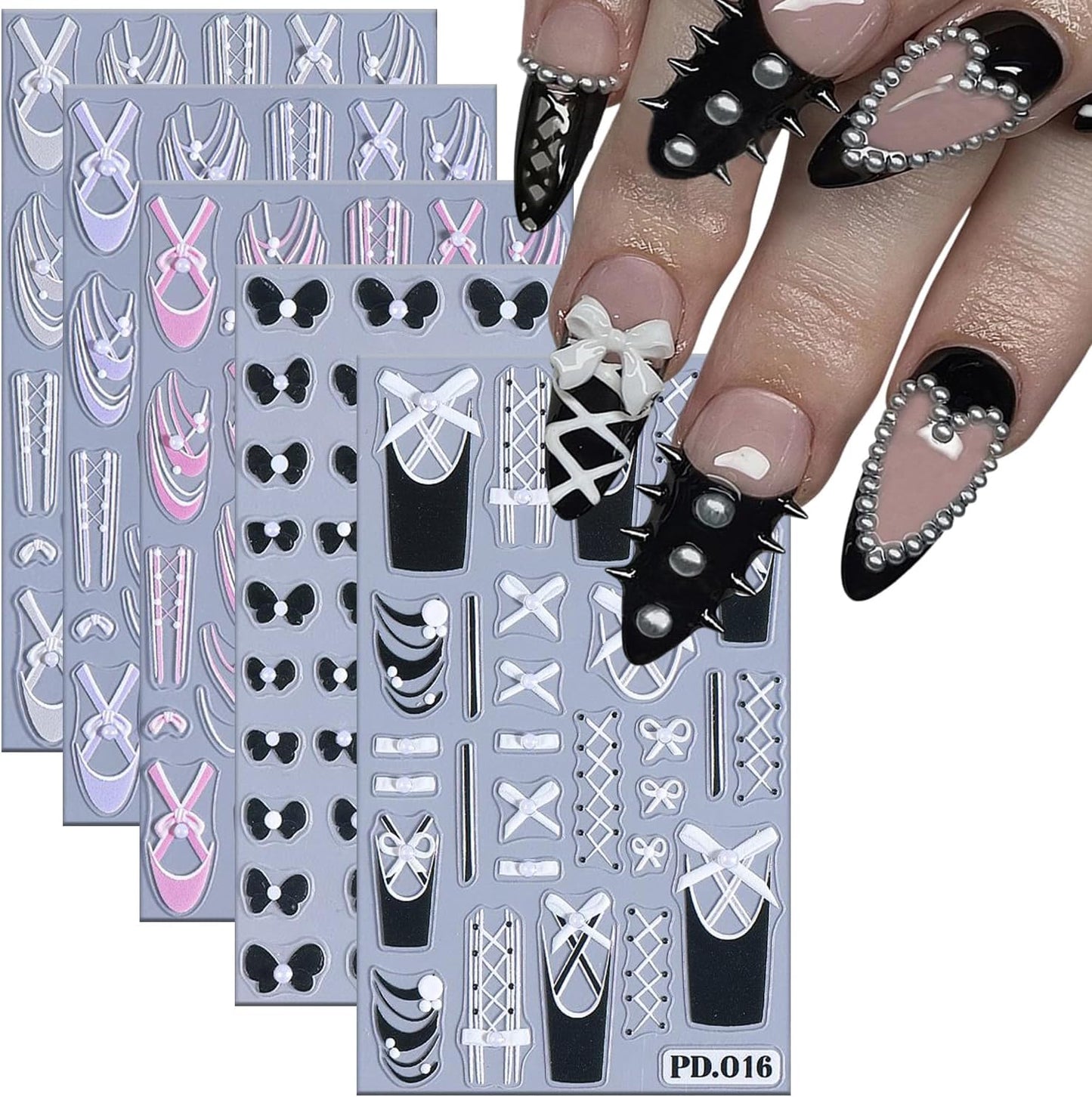 5 Sheets Ballet Bow Nail Art Stickers 5D Relief Self -Adhesive Pearl Bow Nail Decals Holographic Lace Bows Love Heart Nail Stickers French Nail Decoration for Women Manicure Supplies