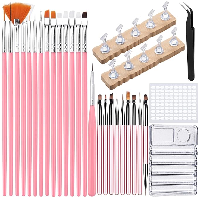 Quaferen Nail Brushes for Nail Art 39PCS Nail Brush Tools Set with Nail Stand Holder 2-in-1 Nail Art Palette Professional Acrylic Nail Brushes Kit for Beginners Home Salon