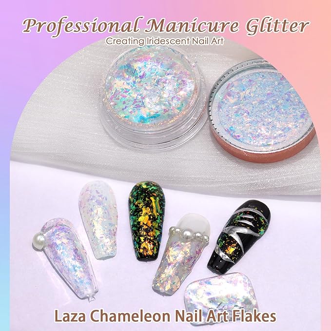 Laza Colorful Moonlight Chameleon Flakes Nail Glitter Irregular Opal Nail Foil Flakes Chunky Confetti Color-Shift Sequins Iridescent Fairy Dust for Mermaid Nails Design, Nail Decorations for Nail Art