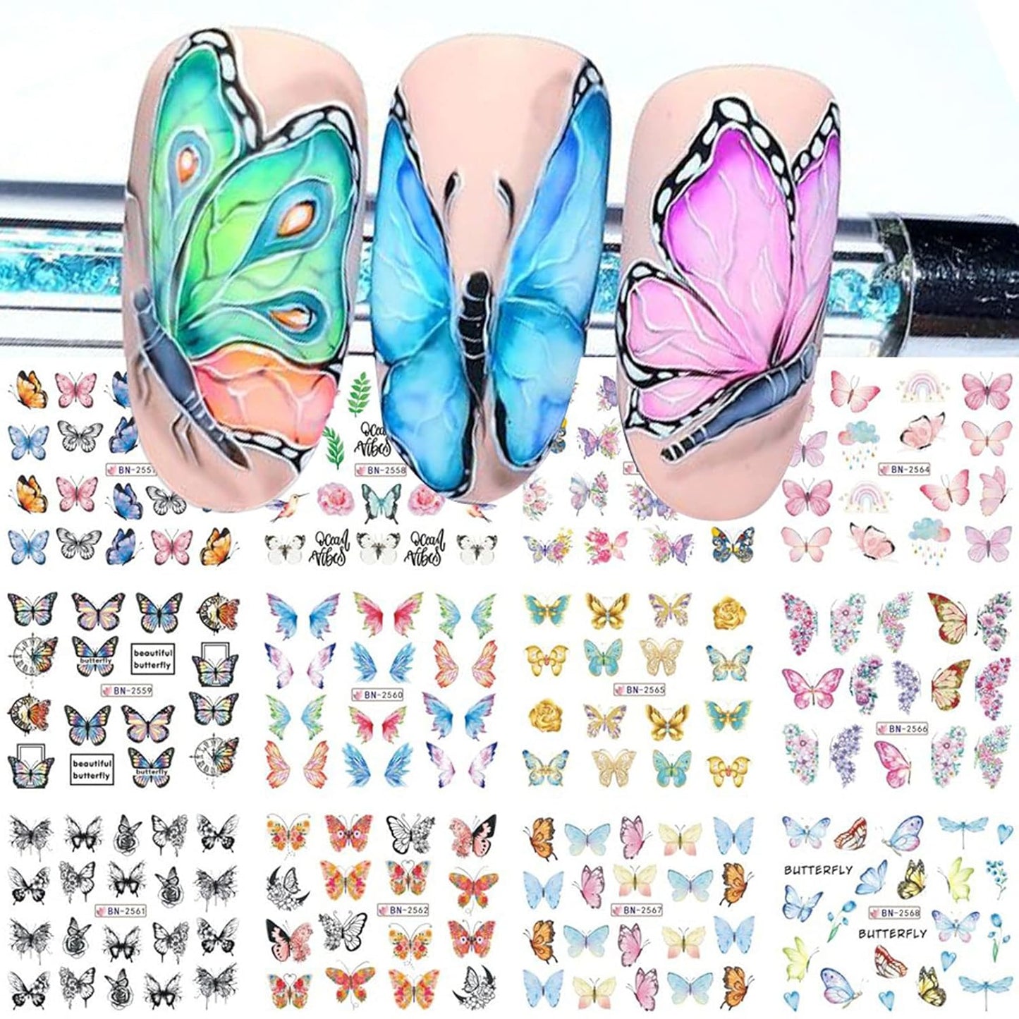 Butterfly Nail Art Sticker Colorful Butterfly Water Transfer Nail Stickers Decal Summer Nail Art Supplies for Acrylic Nail DIY Decoration Manicure Tip 12 Sheets