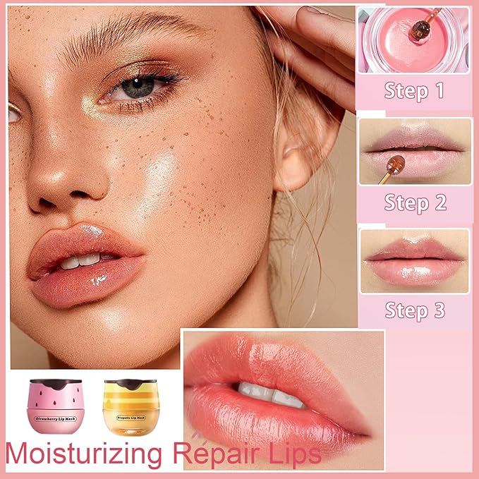 2 PCS Bee Lip Balm Honey Pot, Honey Strawberry Bee Lip Balm Sleeping Lip Mask Overnight with Sticks, Honey Pot Lip Balm Hydrating Exfoliating Prevention Dry and Crack Lip Scrubs