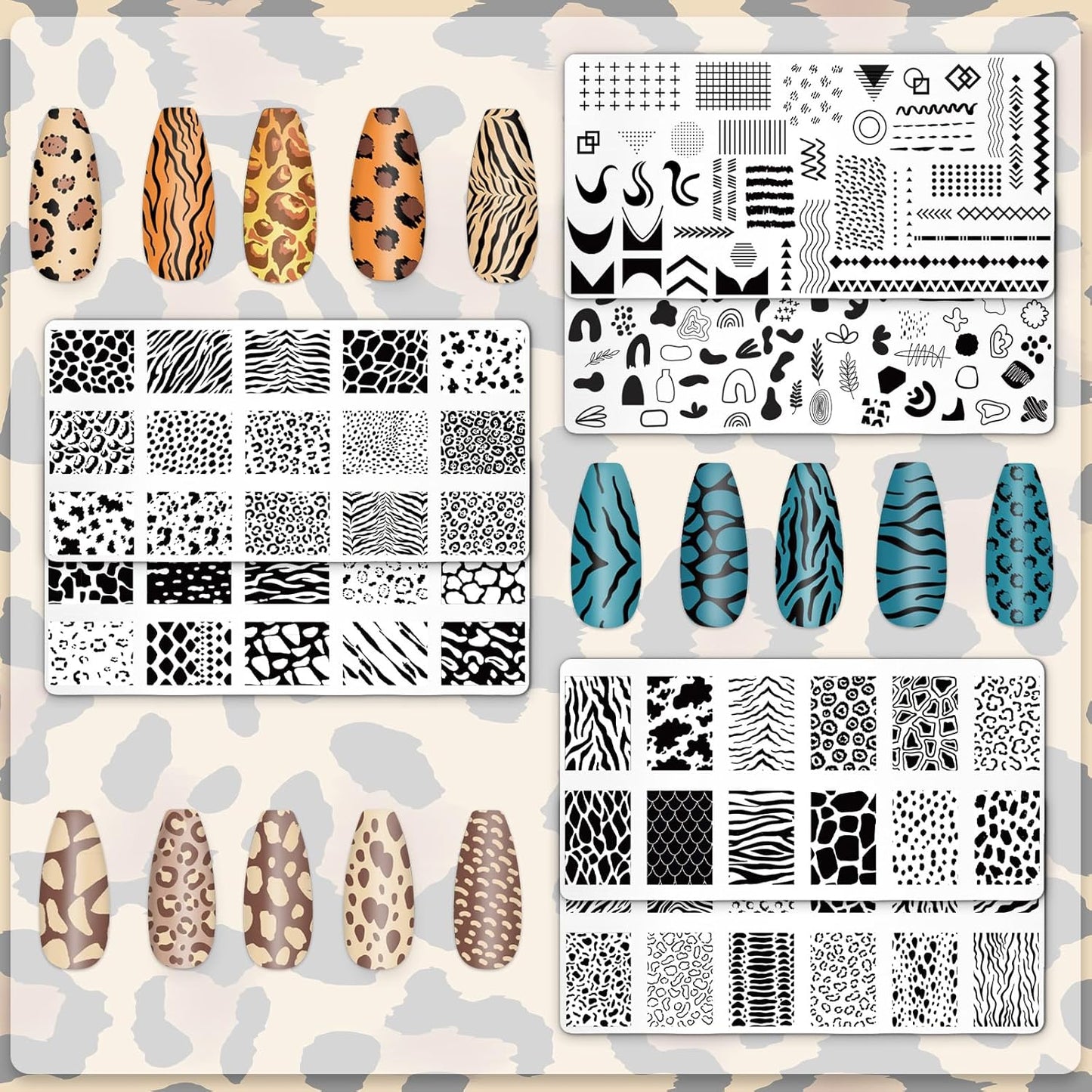 Whaline 6Pcs Animal Print Nail Plates Stamping Set Leopard Print Stamp Templates Nail Art Plates for DIY Print Manicure Salon Design Gift