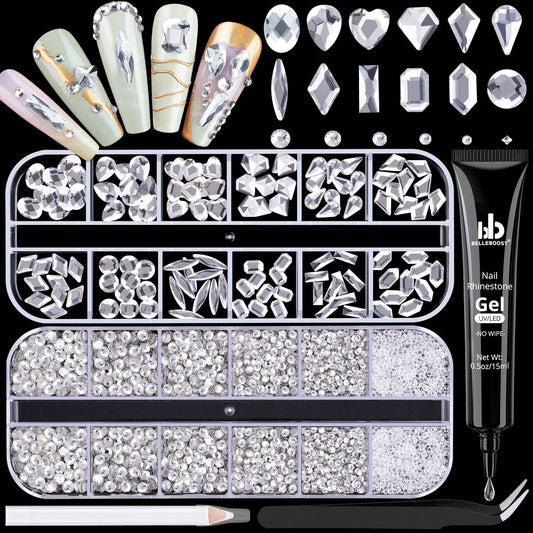 Silver Clear Nail Rhinestones 2680Pcs - Multi Shapes Glass Flatback Gems + 2560Pcs 1.5-4mm Round Crystal with Rhinestones Glue Gel, Manicure Nail Charms Diamond Gemstones