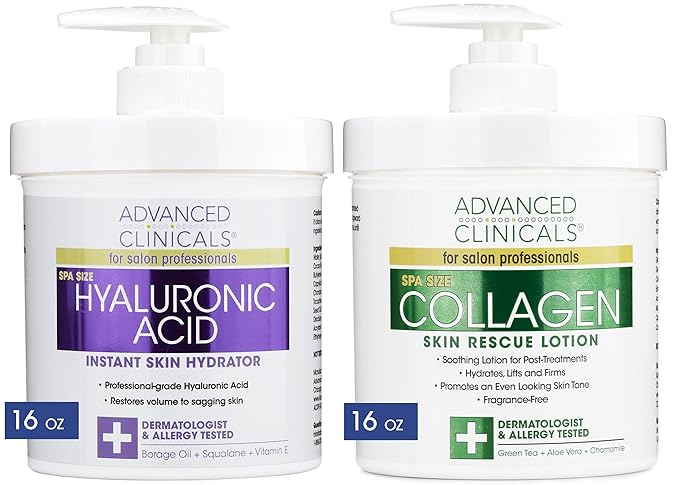 Advanced Clinicals Hyaluronic Acid Moisturizer + Fragrance Free Collagen Cream Face Moisturizer & Body Lotion 2pc Skincare Set For Women & Men Helps Reduce Appearance Of Crepey Skin & Dry Skin, 2pc