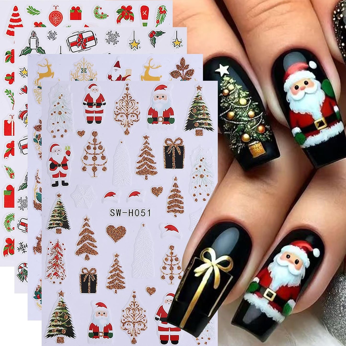 Christmas Nail Art Stickers Decals 16PCS 3D Self-Adhesive New Year Sticker for Nail Art Santa Claus Tree Elk Snowman Gonks Red Designs DIY Xmas Winter Decor Nail Art Supplies for Women Girls
