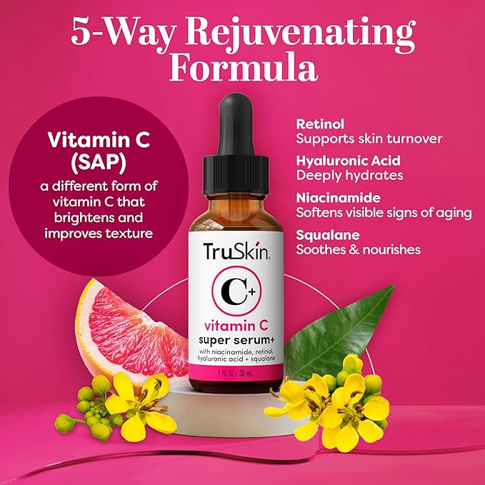 TruSkin Vitamin C Super Serum - Niacinamide, Retinol, Hyaluronic & Salicylic Acid - All-in-One Anti Aging Serum for Face – Improve Appearance of Dark Spots, Firmness for Brighter Looking Skin, 1 Fl Oz