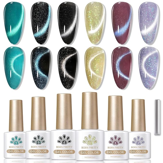 Born Pretty Cat Magnetic Eye Gel Nail Polish, 6 Colors 9D Magnetic Glitter Gel Polish Set Black Blue Purple Green Nail Polish Kit Soak Off LED Nail Art DIY Salon Gift