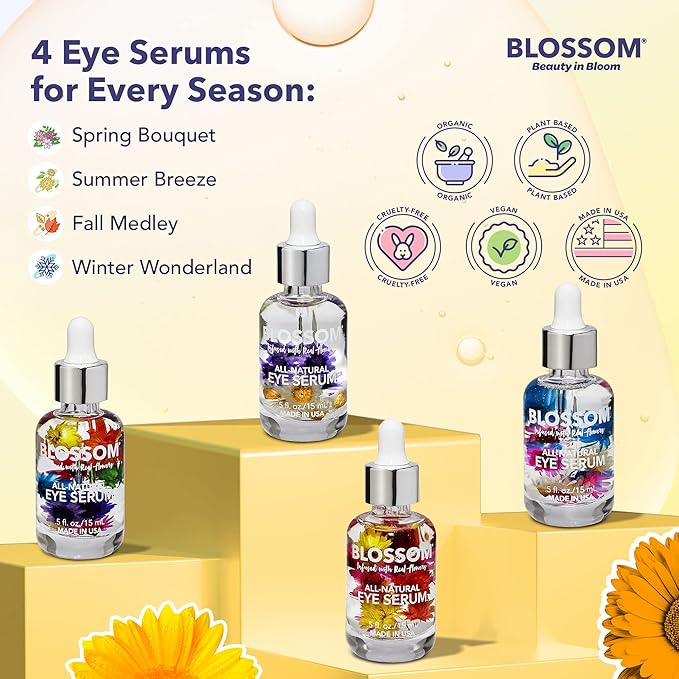 Blossom All Natural Organic Cruelty Free Moisturizing Eye Serum with Essential Oils, Infused with Real Flowers, Made in USA, 0.5 fl. oz., Summer Breeze
