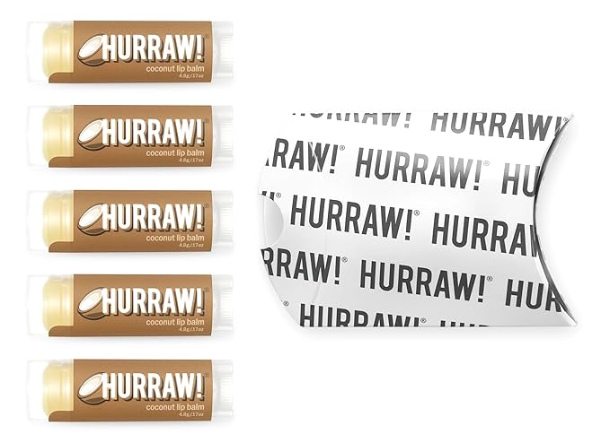 Hurraw! Coconut Lip Balm, 5 Pack: Organic, Certified Vegan, Cruelty and Gluten Free. Non-GMO, 100% Natural Ingredients. Bee, Shea, Soy and Palm Free. Made in USA