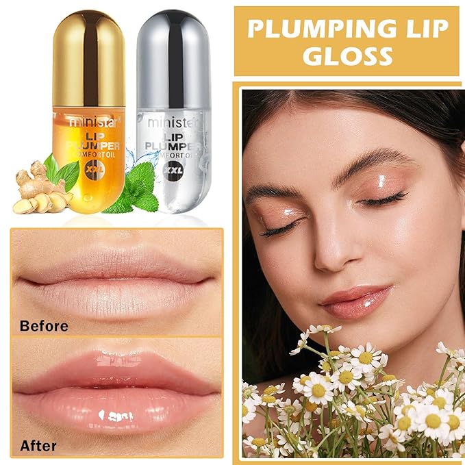2PCS Lip Plumper Gloss Plumping Lip Gloss Set Natural Moisturizing Lip Plumping Gloss Daily Lip Care Products Lip Plumper Set for Women
