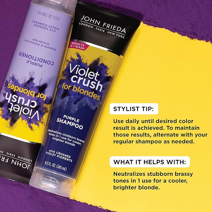 John Frieda Violet Crush Purple Shampoo and Conditioner Set for Blonde Hair, Neutralizes Yellow Tones for Bleached, Blonde, and Platinum Hair, 8.3 Oz, Pack of 2