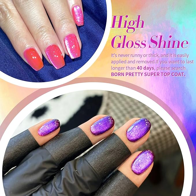 Born Pretty Cat Magnetic Eye Gel Nail Polish Spring Summer Neon Shimmer Glitter Holographic Cat Magnetic Eye Gel Crystal Glass Cat Magnetic Gel Polish Nail Art Manicure DIY at Home 6PCS