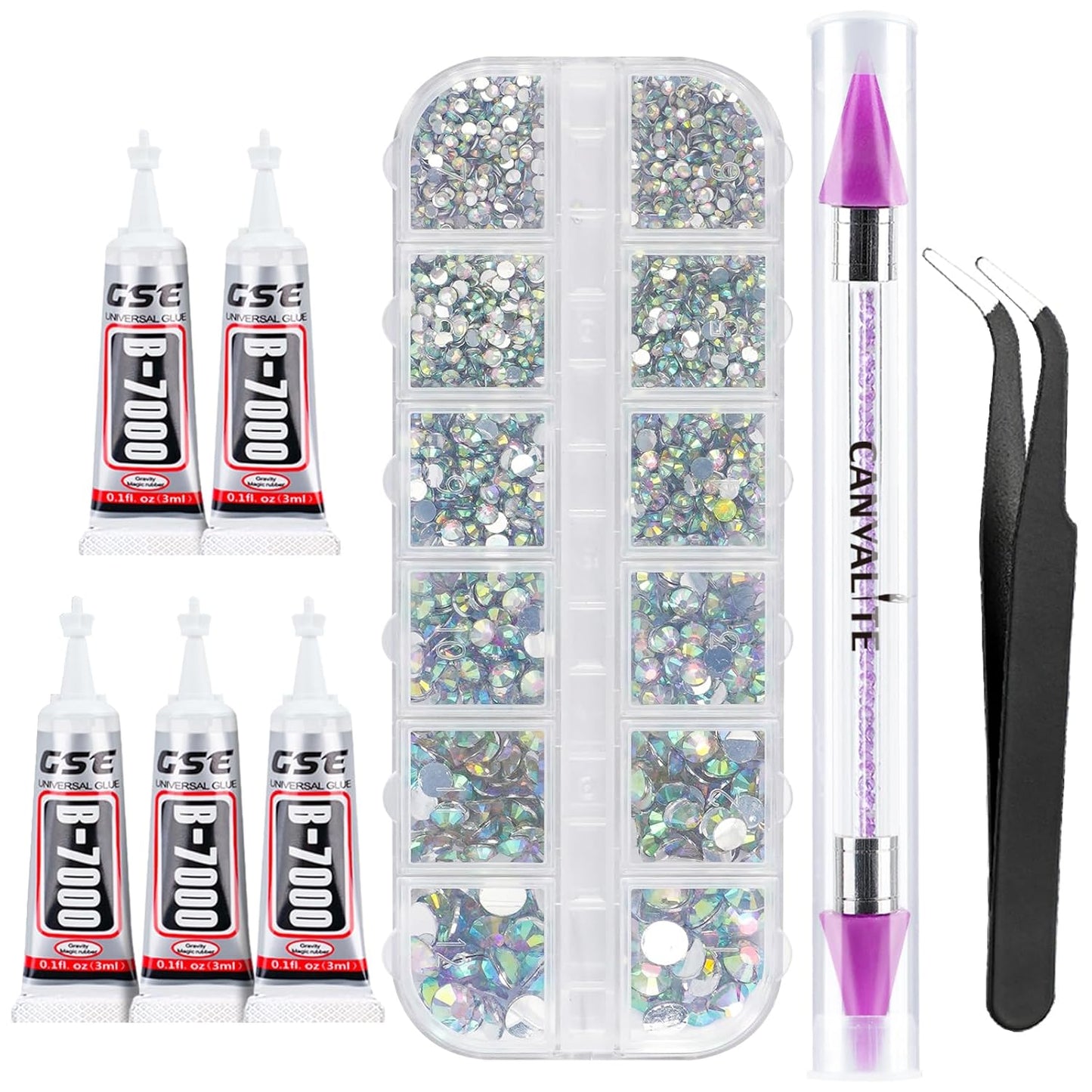 Canvalite 2784Pcs Flat Back Gems, Rhinestones with 5Pcs Jewelry Glues, Pick Up Tweezers and Rhinestones Picker Dotting Pen, Nail Art Tools for Nails, Clothes, Face, Craft