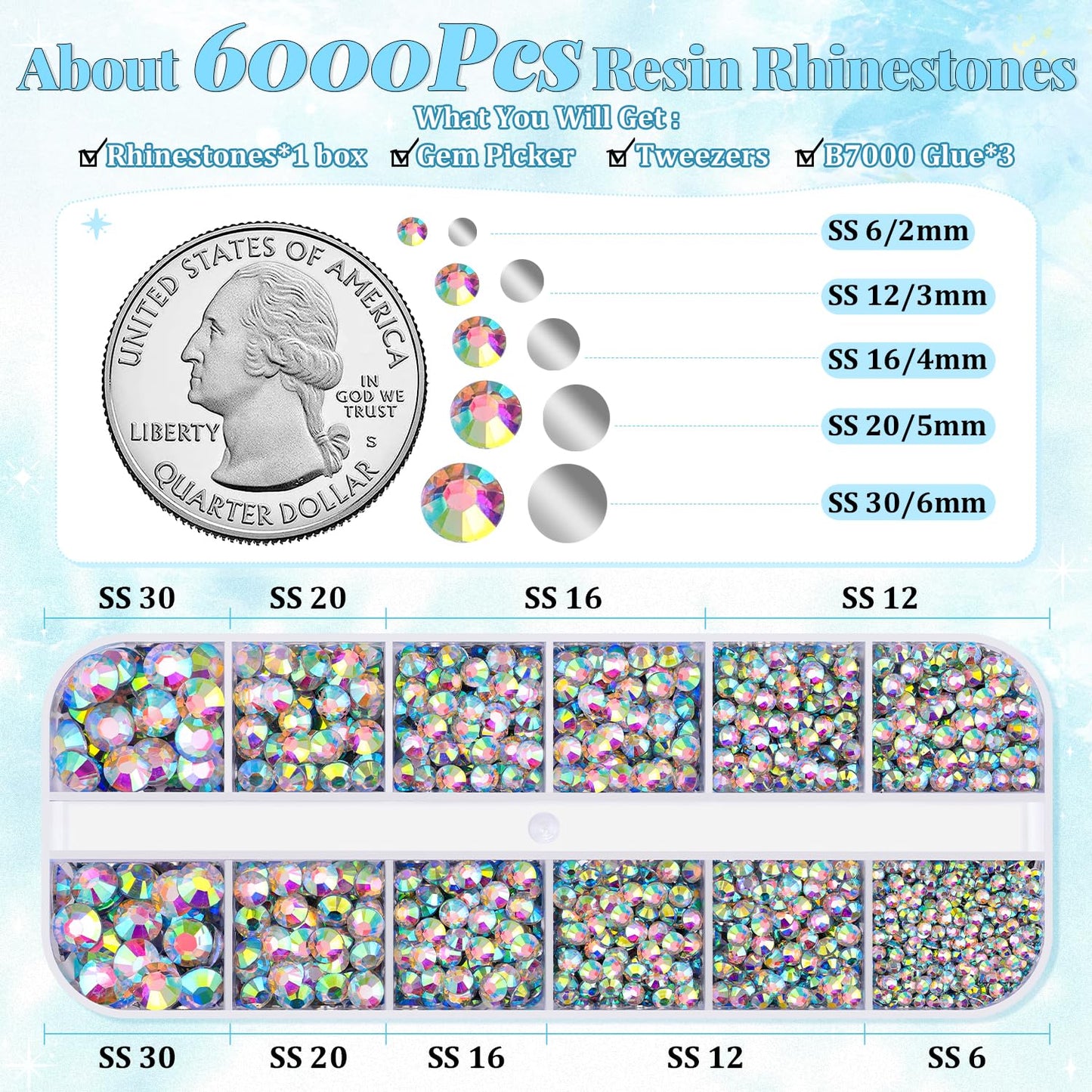 6000Pcs Resin Rhinestones for Bedazzling with 3Pcs B7000 Jewelry Glue, 1 Box AB Flatback Rhinestones for Crafting Crafts DIY, Crystals Gems for Clothing Shoes Tumblers Nail Art Makeup