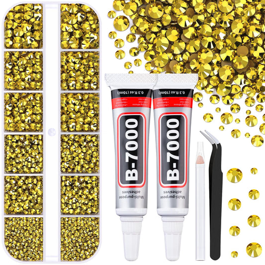 6100Pcs Resin Rhinestones for Crafting with 2Pcs 10ml B7000 Jewelry Glue, 1 Box Flatback Crystals Diamond (Bright Gold) for Bedazzling Crafts DIY Nail Art，Non Hotfix Gems for Clothing Shoes Tumblers