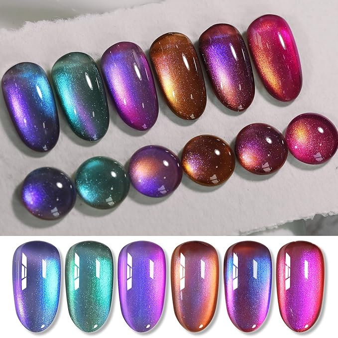 Born Pretty Magnetic Gel Nail Polish Set,Purple Blue Cat Magnetic Eye Gel Jelly Glass Crystal Magnetic Gel Polish Nail Art Manicure Kit 6PCS