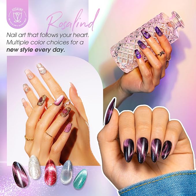 ROSALIND Cateye Gel Polish, 8 Colors Holographic Magnetic Cat Eye Gel Nail Polish Set with Magnet, Red Blue Purple Black Gel Polish Galaxy Collection Nail Art Gift DIY at Home