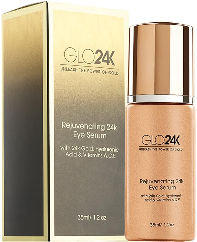 GLO24K Eye Serum with 24k Gold, Hyaluronic Acid, and Vitamins A,C,E. Potent Formula for the delicate skin around the eyes.
